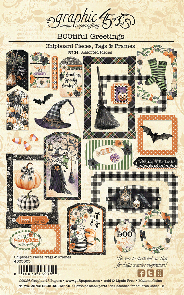 Graphic 45 - Chipboard Pieces, Tags & Frames - BOOtiful Greetings