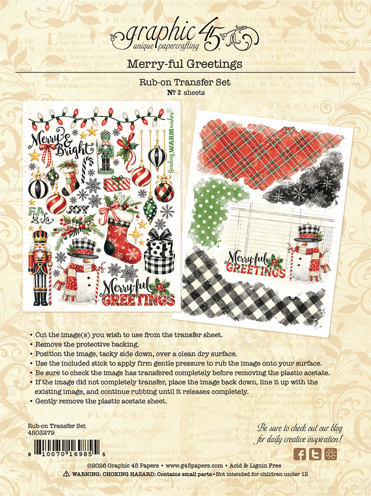 Graphic 45 - Rub-on Transfer Set - Merry-ful Greetings