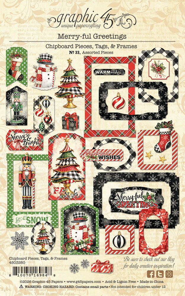 Graphic 45 - Chipboard Pieces, Tags & Frames - Merry-ful Greetings
