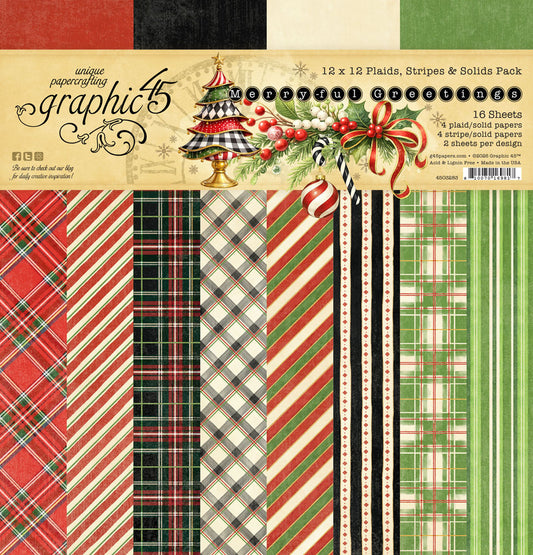 Graphic 45 - 12x12 Plaids, Stripes & Solids Pack - Merry-ful Greetings