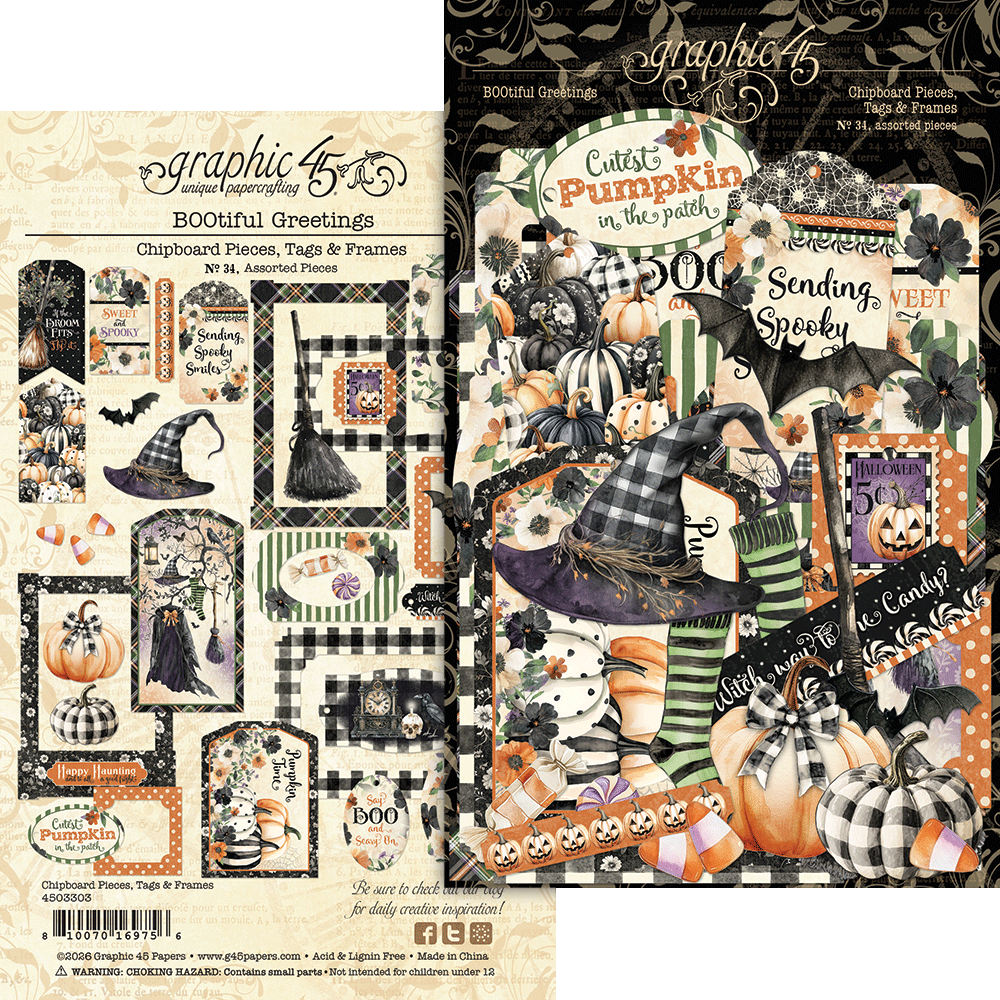 Graphic 45 - Chipboard Pieces, Tags & Frames - BOOtiful Greetings