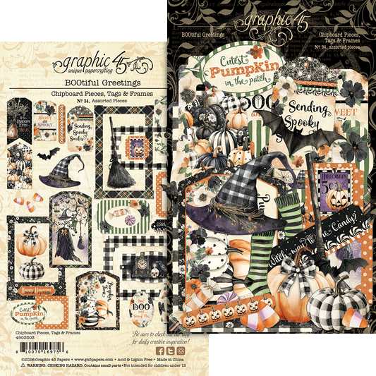 Graphic 45 - Chipboard Pieces, Tags & Frames - BOOtiful Greetings